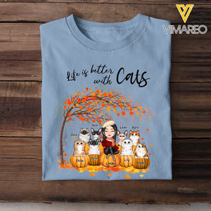 Personalized Life Is Better With Cats Fall Season Pumpkin T-shirt Printed MTPVD1007