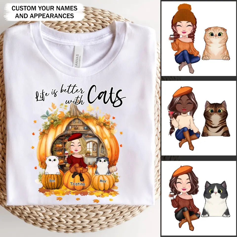 Personalized Fall Season Pumpkin Life Is Better with Cats T-shirt Printed MTPVD1107