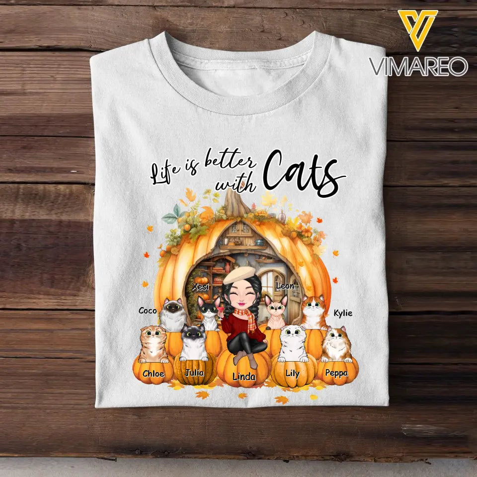 Personalized Fall Season Pumpkin Life Is Better with Cats T-shirt Printed MTPVD1107