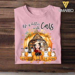 Personalized Fall Season Pumpkin Life Is Better with Cats T-shirt Printed MTPVD1107