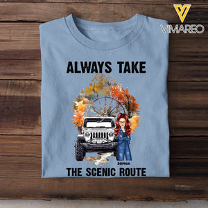 Personalized Always Take The Scenic Route Jeep Girl T-Shirt Printed MTPN1307