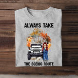 Personalized Always Take The Scenic Route Jeep Girl T-Shirt Printed MTPN1307