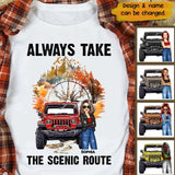 Personalized Always Take The Scenic Route Jeep Girl T-Shirt Printed MTPN1307