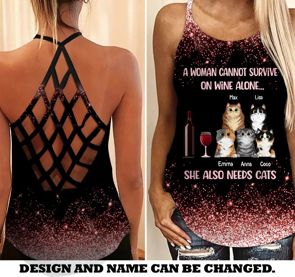 Personalized A Woman Cannot Survive On Wine Alone She Also Needs Cats Criss Cross Tank HTHHN2007