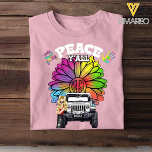 Personalized Peace Y'all Flowers Jeep Girl T-shirt Printed MTHN2407