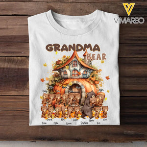 Personalized Fall Season Pumpkin Grandma Bear & Kid Names T-Shirt Printed MTHKVH1107