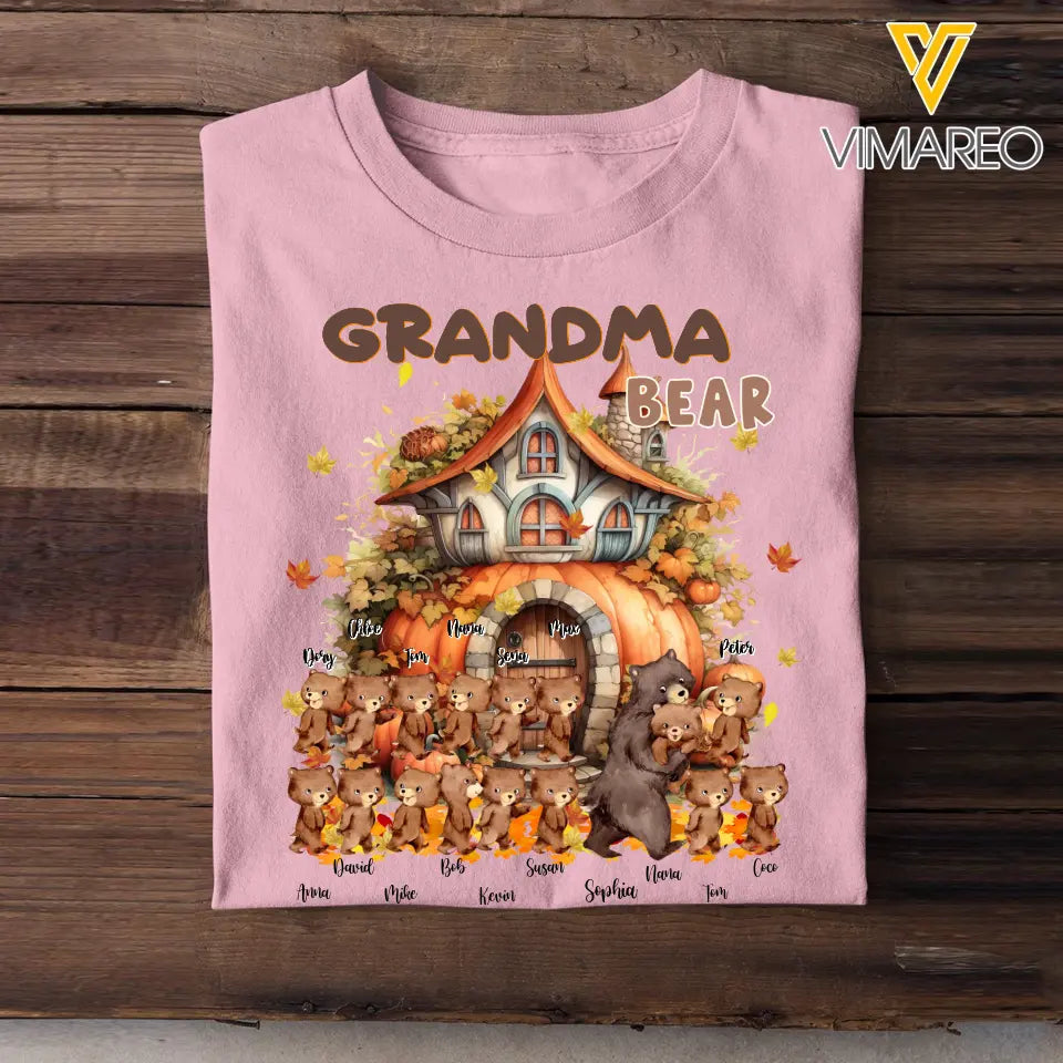 Personalized Fall Season Pumpkin Grandma Bear & Kid Names T-Shirt Printed MTHKVH1107