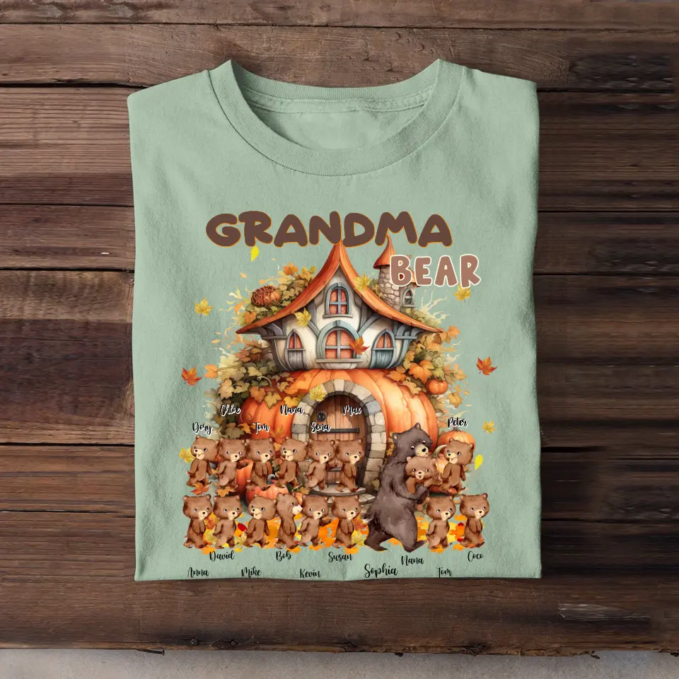 Personalized Fall Season Pumpkin Grandma Bear & Kid Names T-Shirt Printed MTHKVH1107