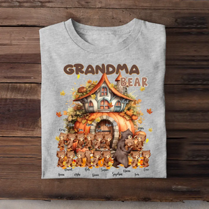 Personalized Fall Season Pumpkin Grandma Bear & Kid Names T-Shirt Printed MTHKVH1107