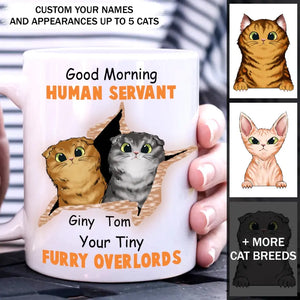 Personalized Good Morning Human Servant Your Tiny Furry Overlords Cat Lovers Gift White Mug Printed QTVD257