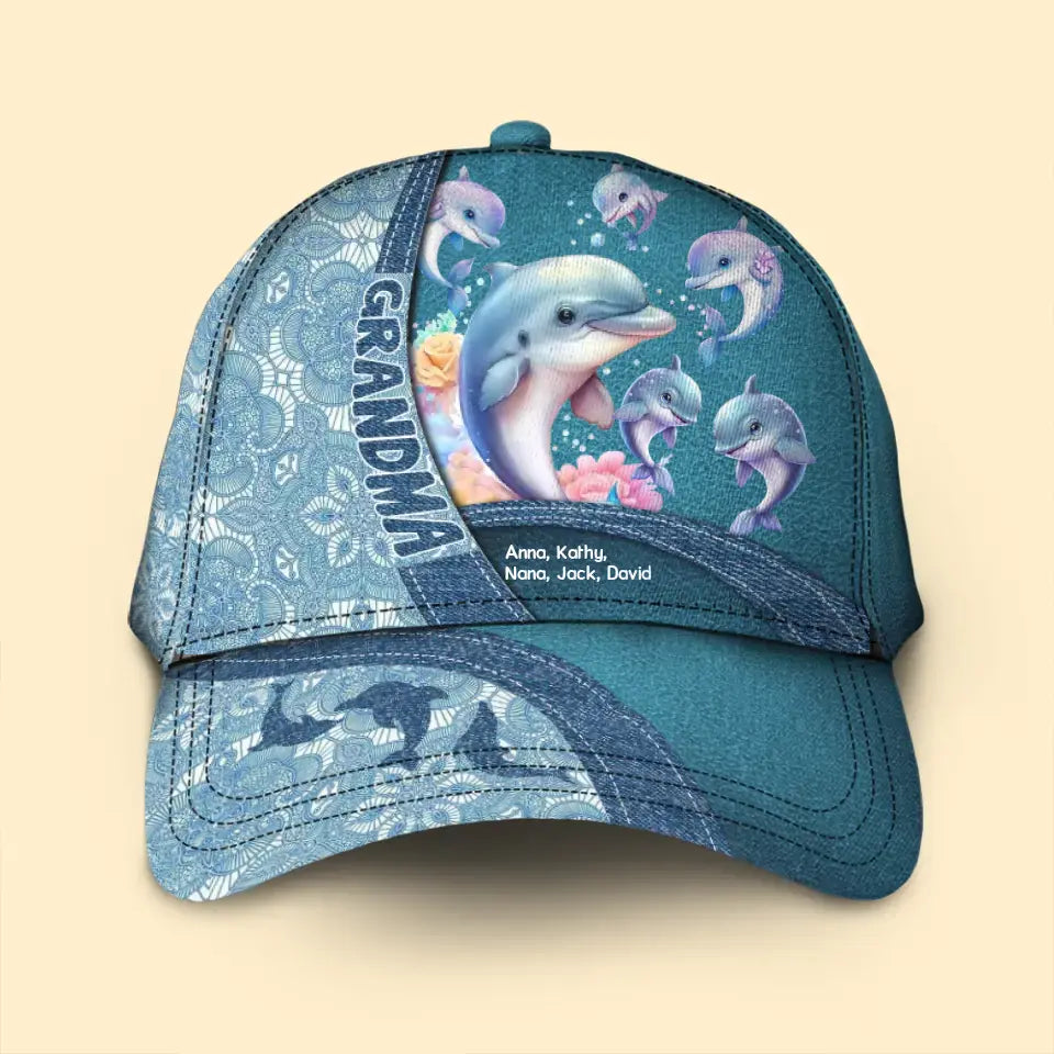 Personalized Grandma Dolphin & Kid Names Cap Printed MTPN202310