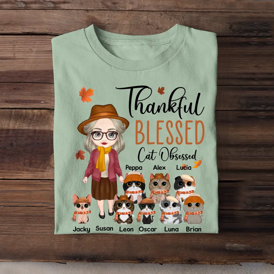 Personalized Thankful Blessed Cat Obsessed Grandma with Cat Names T-shirt Printed MTHPN1707