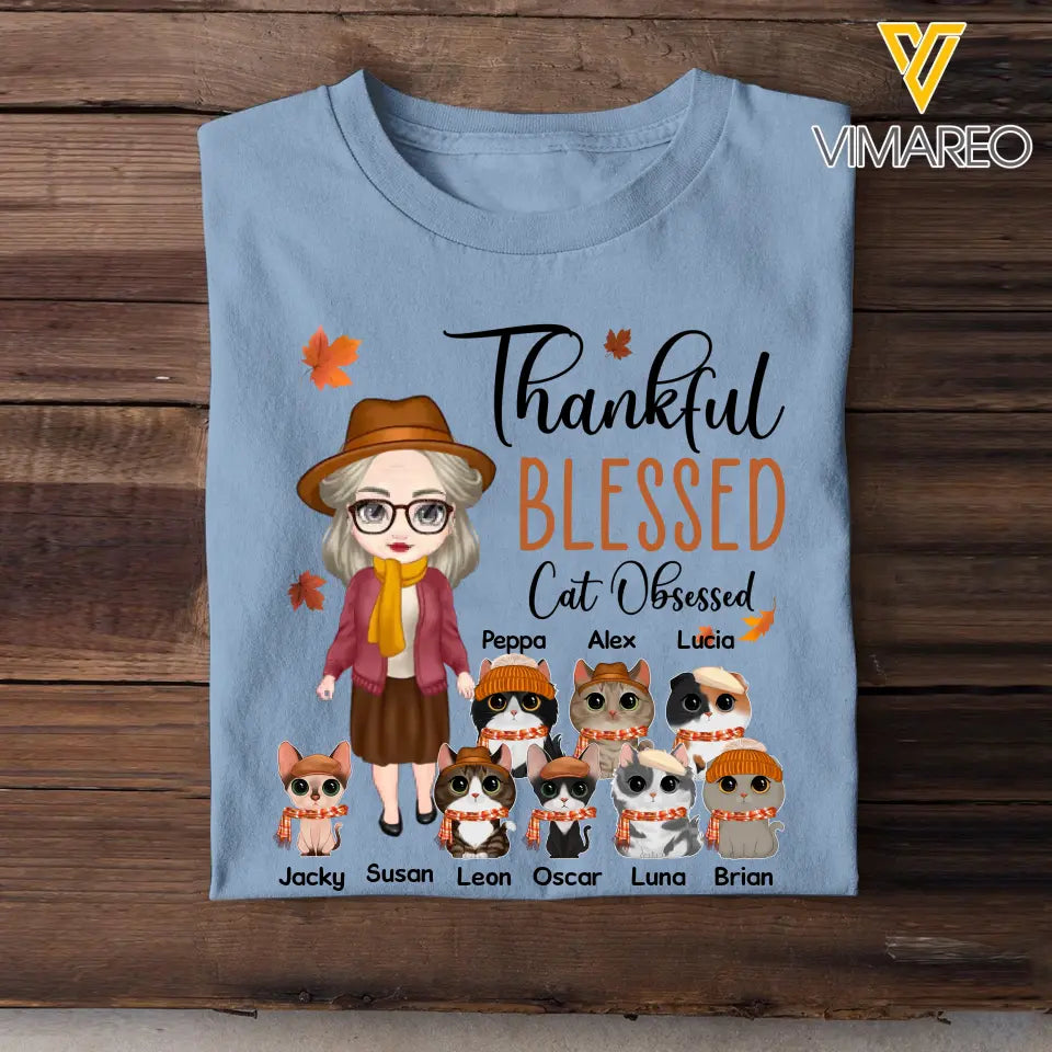 Personalized Thankful Blessed Cat Obsessed Grandma with Cat Names T-shirt Printed MTHPN1707