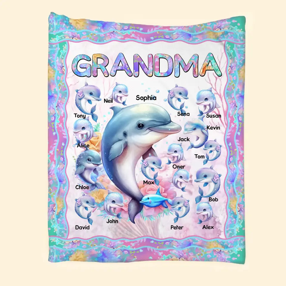 Personalized Grandma Dolphin & Kid Names Sherpa or Fleece Blanket Printed MTPN2023126