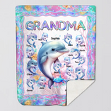 Personalized Grandma Dolphin & Kid Names Sherpa or Fleece Blanket Printed MTPN2023126