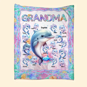 Personalized Grandma Dolphin & Kid Names Sherpa or Fleece Blanket Printed MTPN2023126