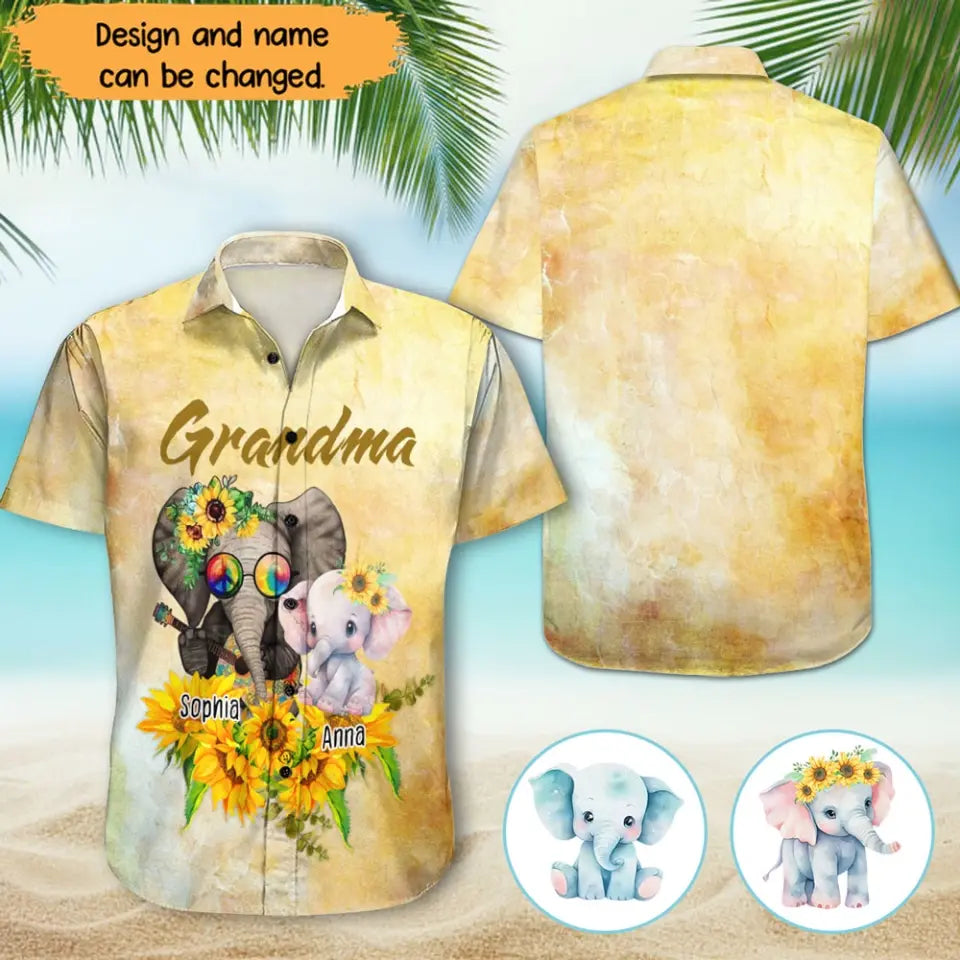 Personalized Grandma Elephant with Kid Names Hawaii Shirt Printed MTHN2023140