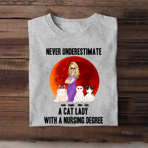 Personalized Never Underestimate A Cat Lady With A Nursing Degree T-shirt Printed 23JUN-TB16