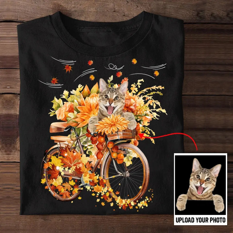 Personalized Upload Your Cat Photo Flowers Bike Fall Season T-shirt Printed MTKVH23303