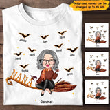 Personalized Grandma Flying Broom Kid Name Halloween Gift T-shirt Printed MTVQ23315