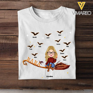 Personalized Grandma Flying Broom Kid Name Halloween Gift T-shirt Printed MTVQ23315