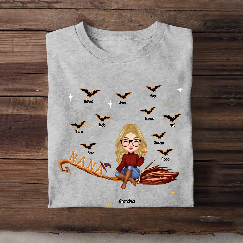 Personalized Grandma Flying Broom Kid Name Halloween Gift T-shirt Printed MTVQ23315