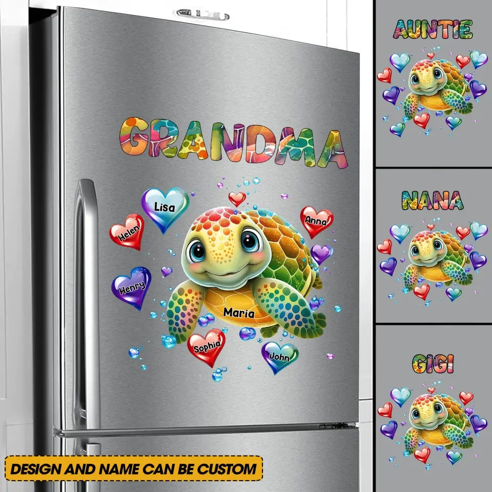 Personalized Turtle Grandma Hearts with Kid Names Fridge Decal Printed VQ23332