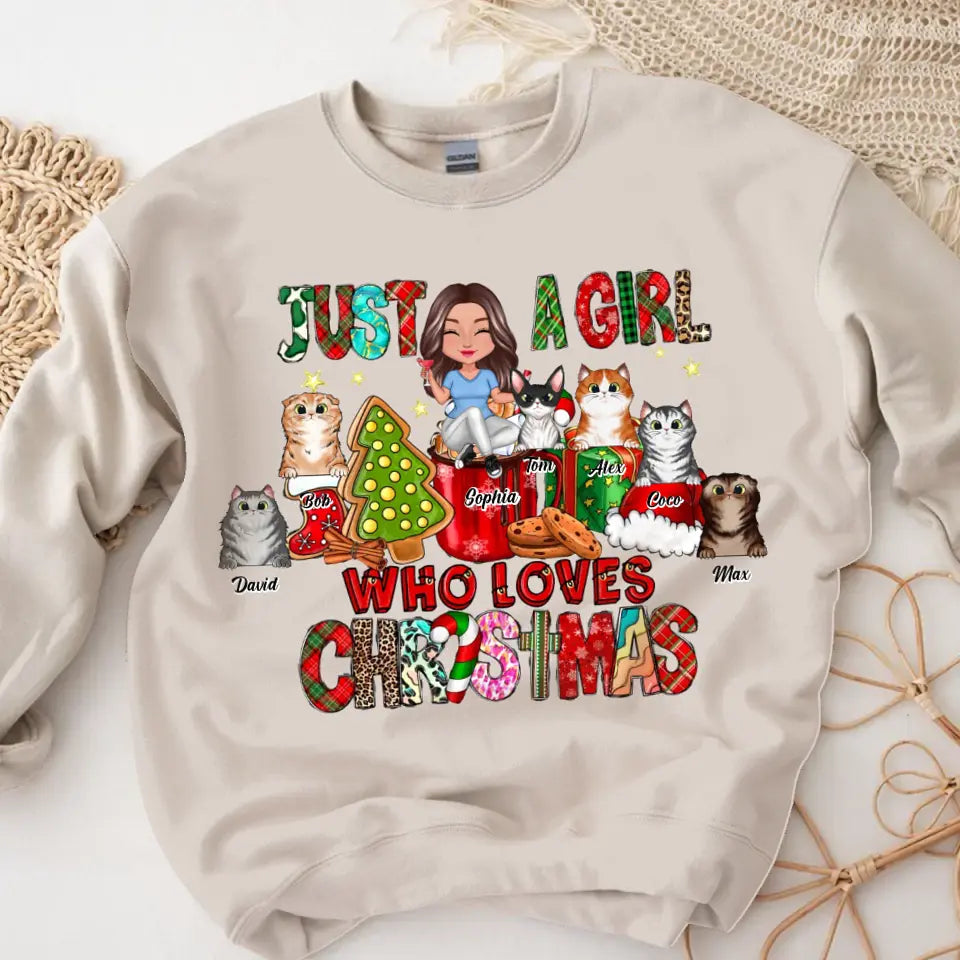 Personalized Just A Girl Who Loves Christmas Cat Lovers Gift Christmas Gift Sweater Printed HTHHN23498