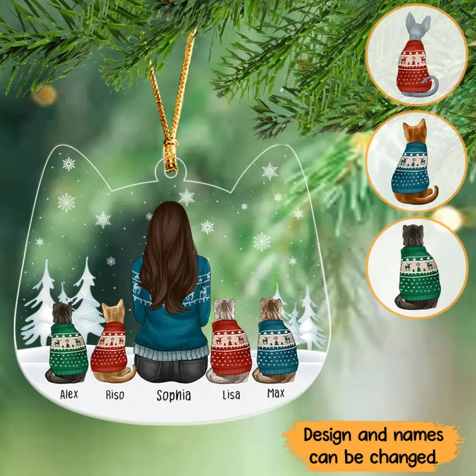 Personalized Girl & Cats Custom Name Cat Mom Christmas Gift Acrylic Ornament Printed HN23490