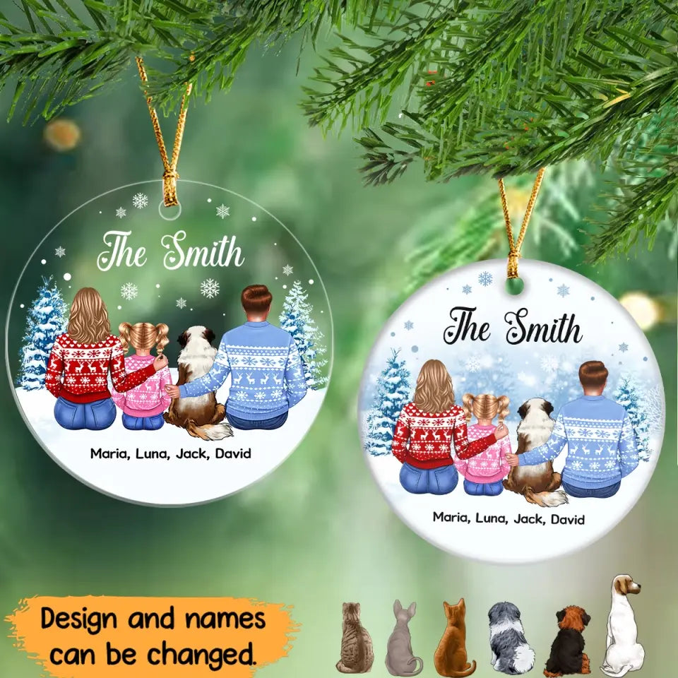 Personalized The Smith Family & Pets Dog Lovers Cat Lovers Gift Christmas Gift Acrylic or Ceramic Ornament Printed PN23496