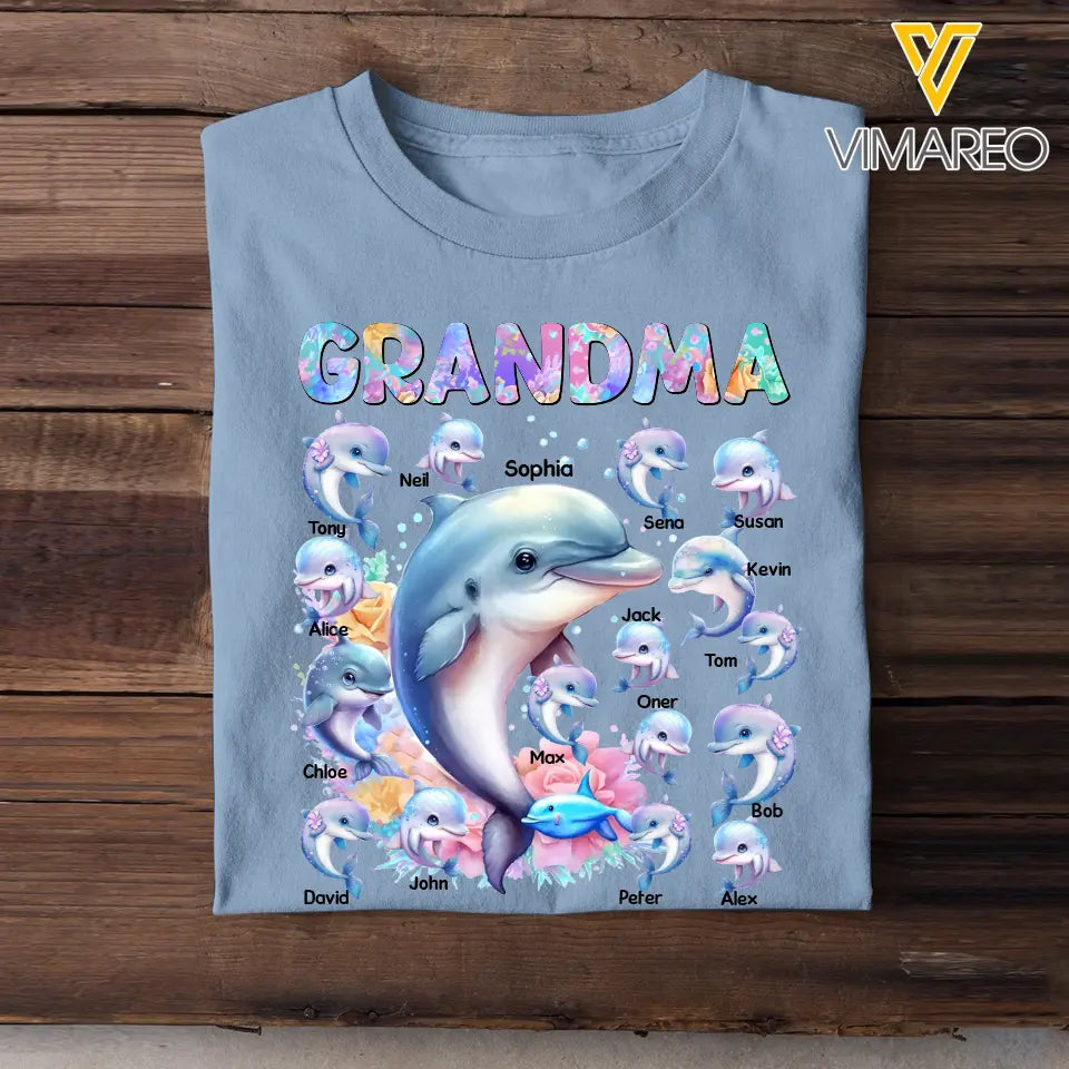 Personalized Grandma Dolphin with Kid Names Printed T-shirt MTPN0507