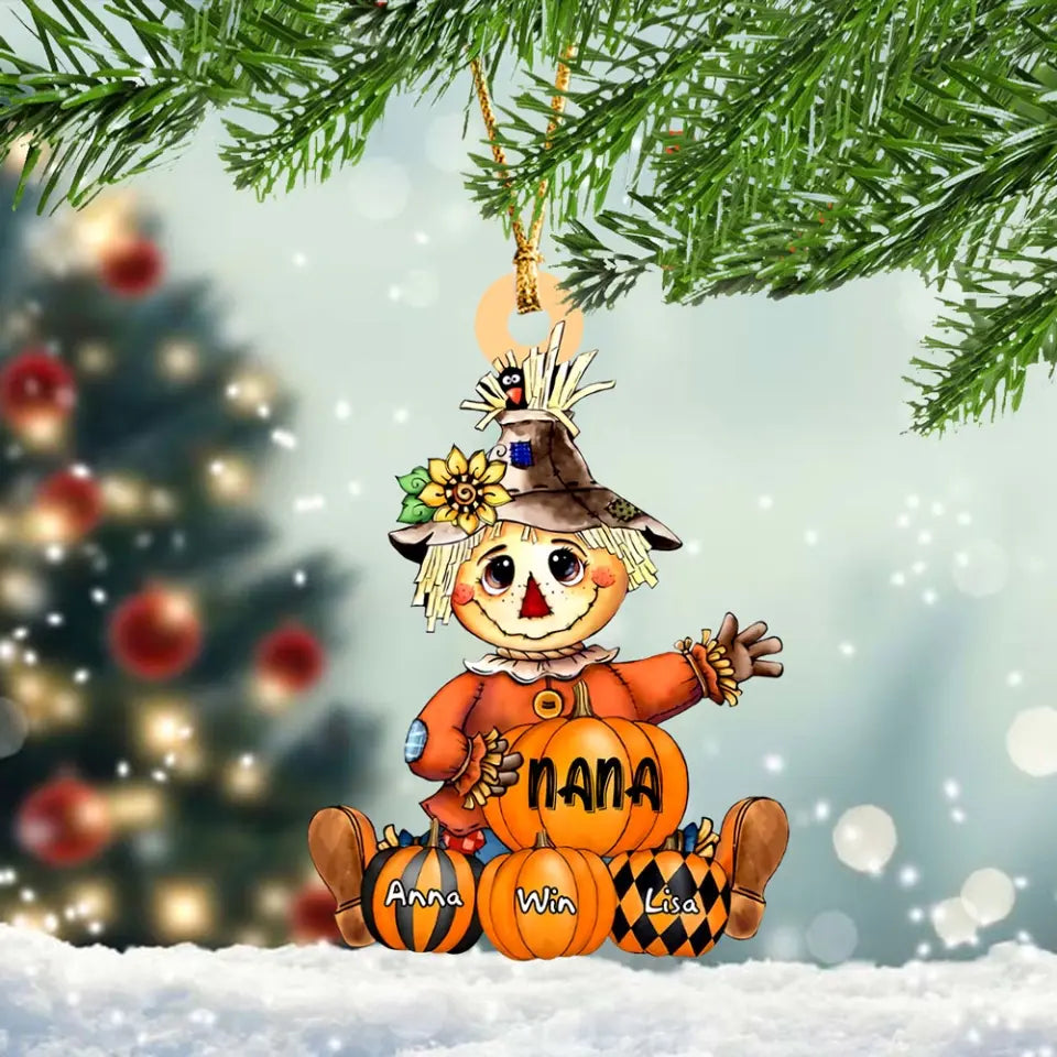 Personalized Grandma Scarecrow Pumpkins & Kid Names Christmas Gift Acrylic Ornament Printed HN23535