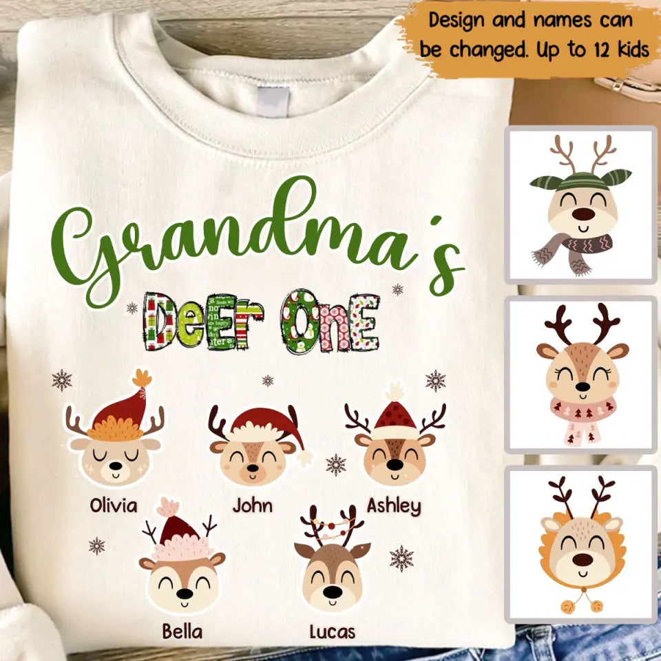 Personalized Grandma's Deer One Kid Names Sweatshirt or T-shirt Printed HTHVQ23642