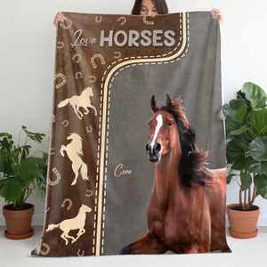 Personalized Love Horses Custom Name Horse Lovers Gift Sherpa or Fleece Blanket Printed HN23648