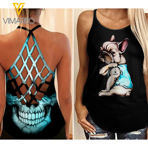 Frenchie Dog Mom Criss-Cross Open Back Camisole Tank Top QSEURT